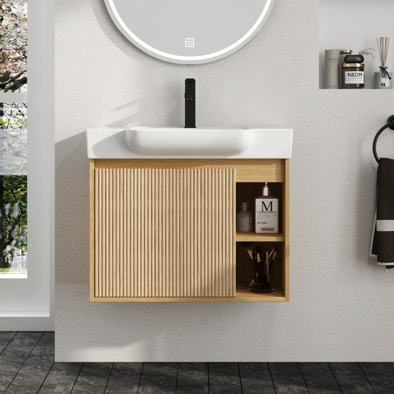 Meuble-lavabo simple Marnar 28 po avec comptoir en céramique, meuble-lavabo mural avec lavabo en céramique, Light Oak, 28"