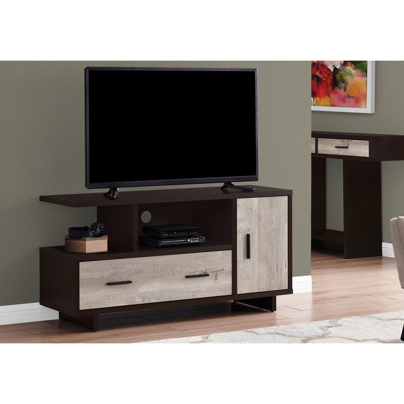 Meuble télé moderne de 48 po avec meuble multimédia avec commode et tiroirs pour le salon et la chambre à coucher, console contemporaine en stratifié brun