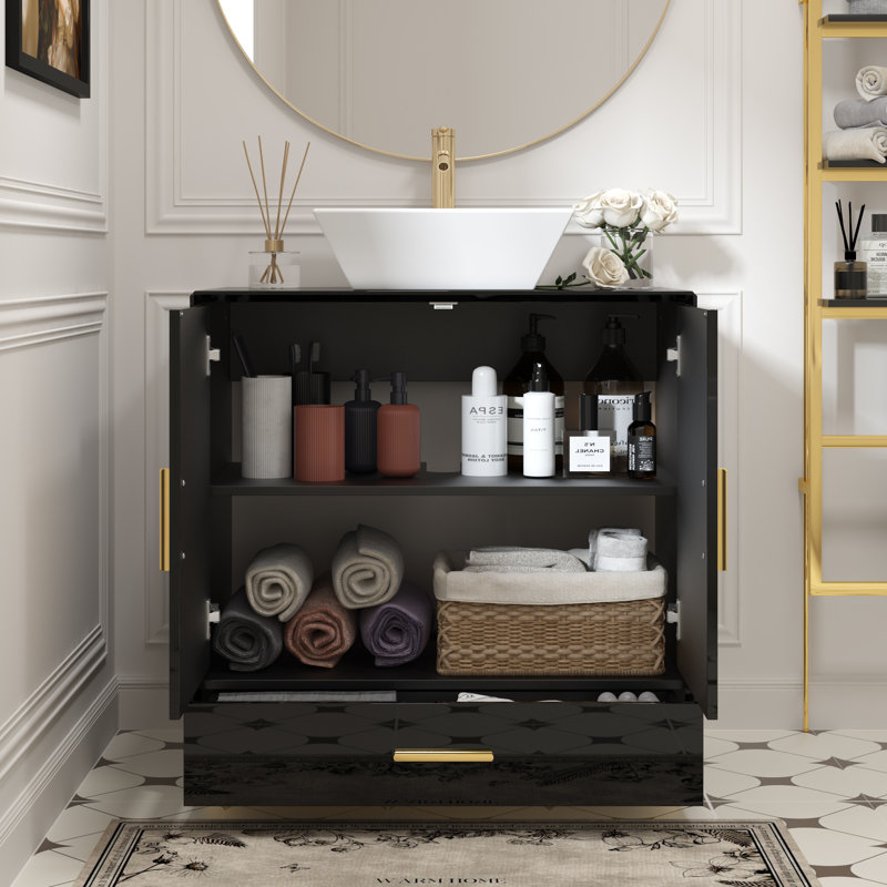 Meuble-lavabo noir ultrabrillant avec lavabo en céramique