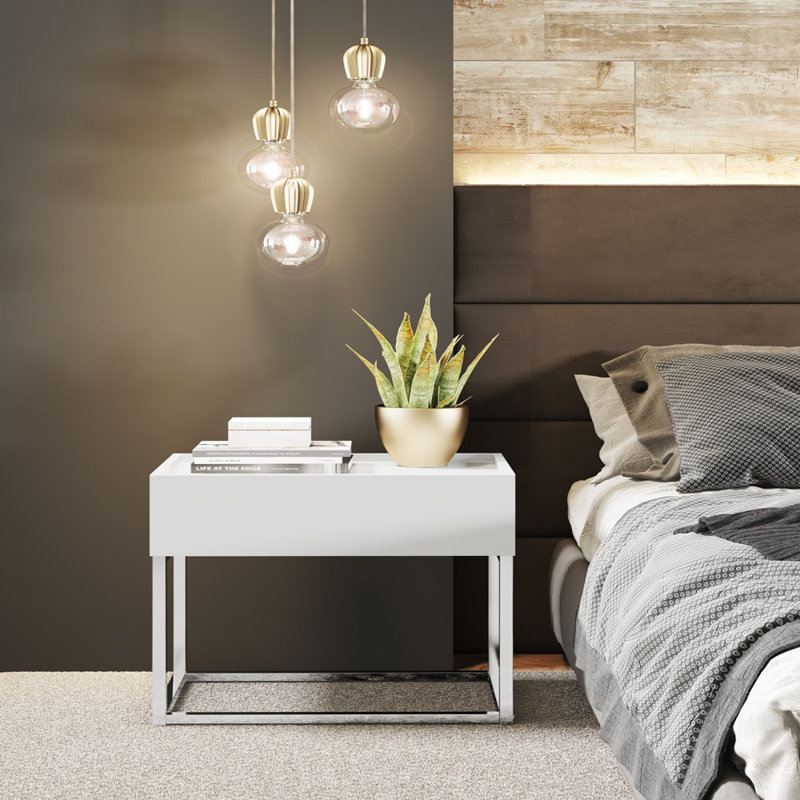 Table de chevet bijoux, blanc mat, Blanc mat, Chrome