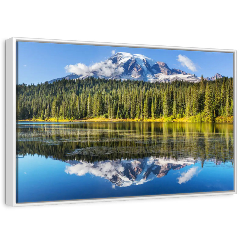Lac alpin près du mont Rainier, Cadre flottant blanc, 37 po x 25 po