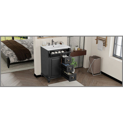 24 Inch Freestanding Bathroom Vanity with Ceramic Sink, Flip-Out Drawer, and Ample Storage, Solid Wood & MDF Construction