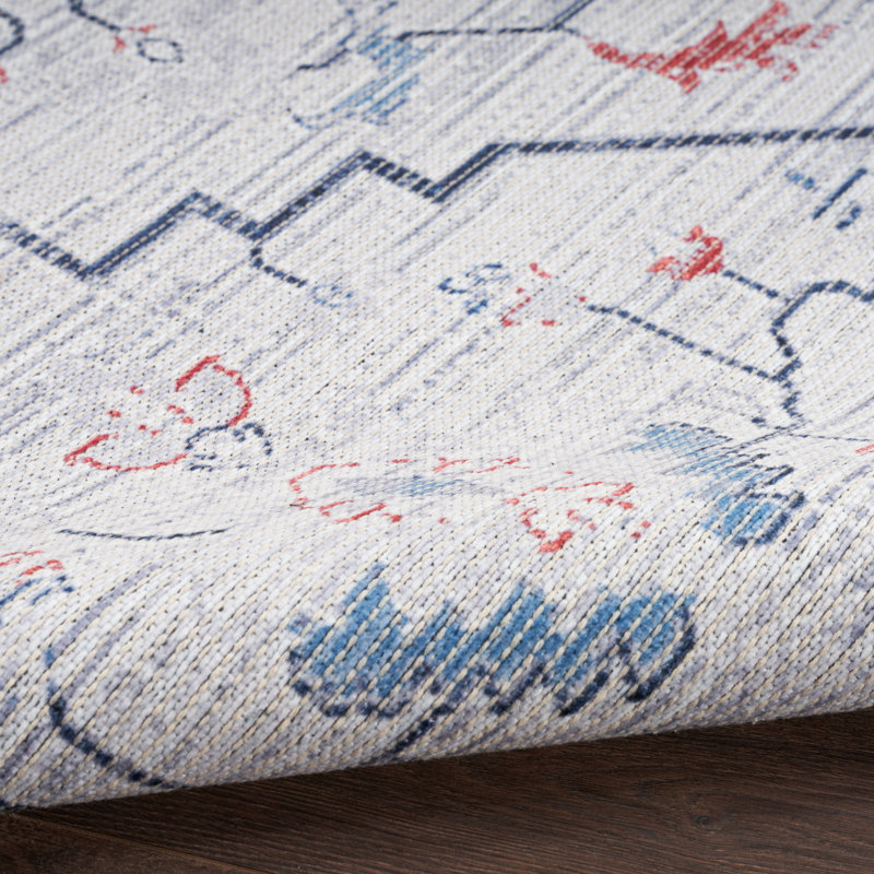 Blue and Ivory Floral Cotton Synthetic Rectangular Area Rug
