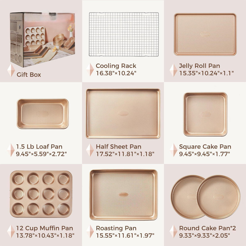 9-Piece Baking Pans Set Nonstick, Stackable Non Toxic Bakeware Sets With Diamond Texture, Oven Pan Set For Cooking, Includes Cookie Sheet With Rack, Cake Pan, Roasting Pan, Muffin Pan, Gold