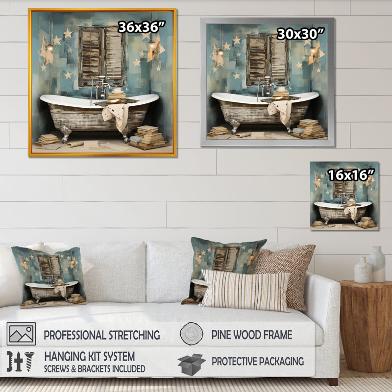 Blue Rustic Bathroom Retreat - Art mural de salle de bain, H 30 po x l 30 po x P 1,5 po