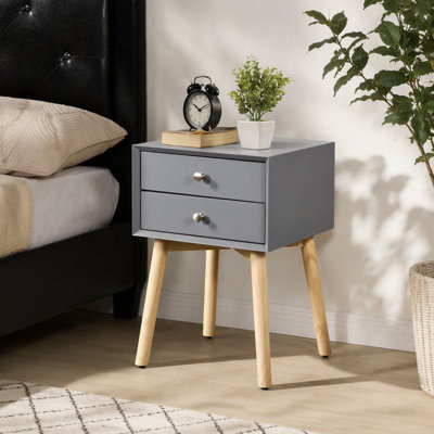 Table d'appoint, table de chevet avec 2 tiroirs et pieds en bois d'hévéa, armoire de rangement moderne Mid-Century pour le salon de la chambre à coucher