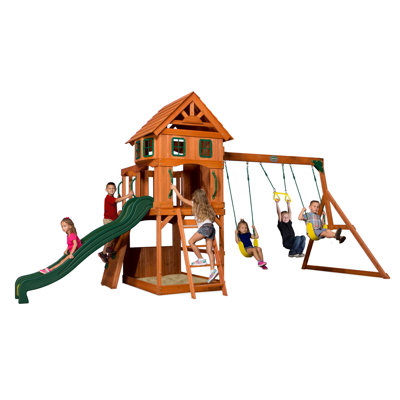 Backyard Discovery Atlantis Cedar Wood Swing Set with Wave Slide, Clubhouse, Rock Wall, and Sandbox Area
