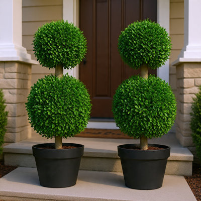 Lesli Double Ball Boxwood Topiary Trees, Set of 2, Green 24 Inch