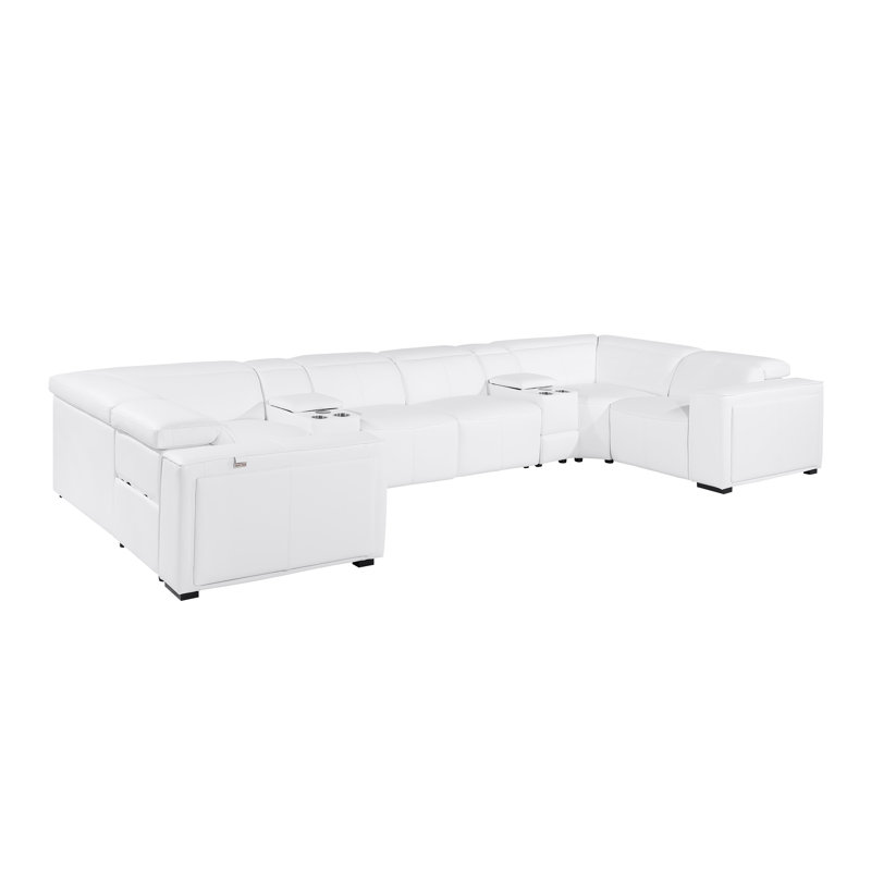 Top Grain Italian Leather 8-Piece U-Shaped Modular Power Reclining Sectional With 4 Power Recliners & Power Headrests – No Console