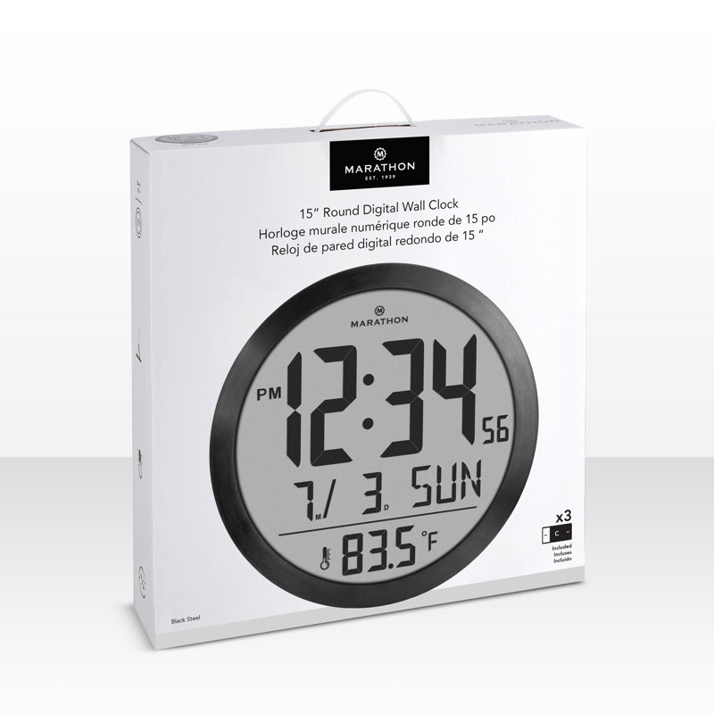 Marathon 15-Inch Black Aluminum Digital Wall Clock with Calendar and Temperature Display