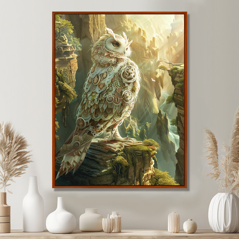 Hibou blanc majestueux dans les montagnes, Toile brune avec cadre flottant, H 32 po x l 16 po