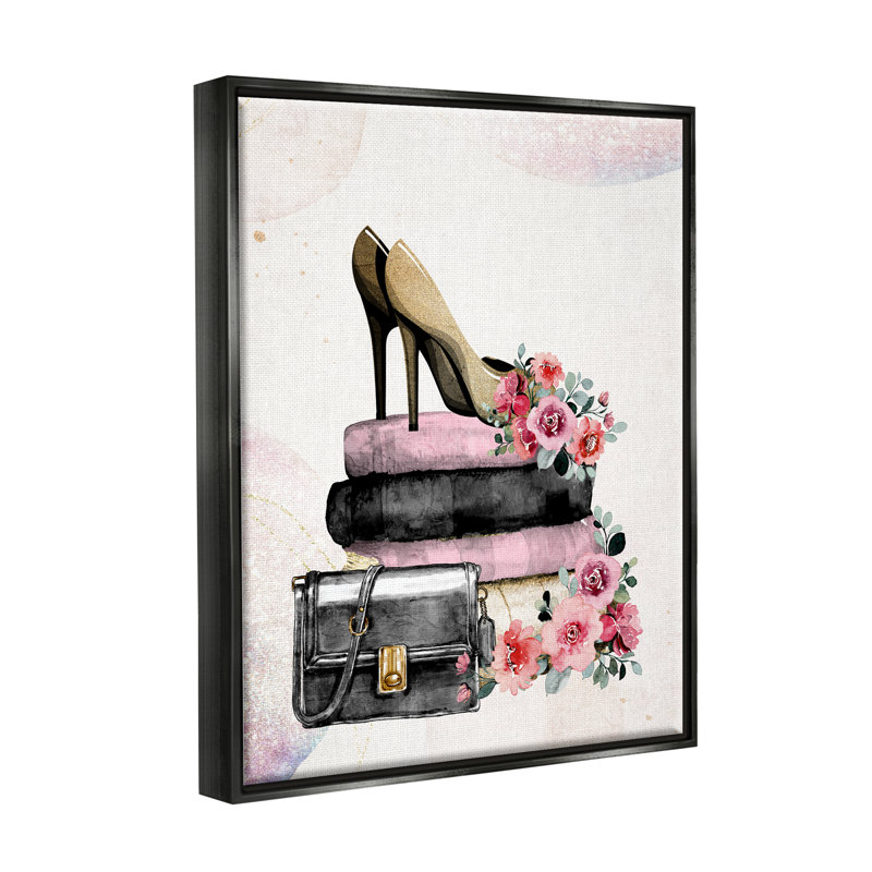 «Glam Floral Heels», reproduction encadrée sur toile par Kim Allen, H 21 po x l 17 po x P 1,7 po, Cadre flottant noir de jais