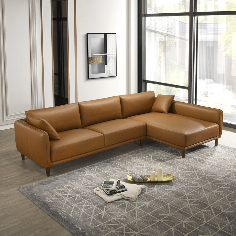 Pluie 117" W Mid Century Modern Leather Cozy Sectional Sofa, Right Hand Facing