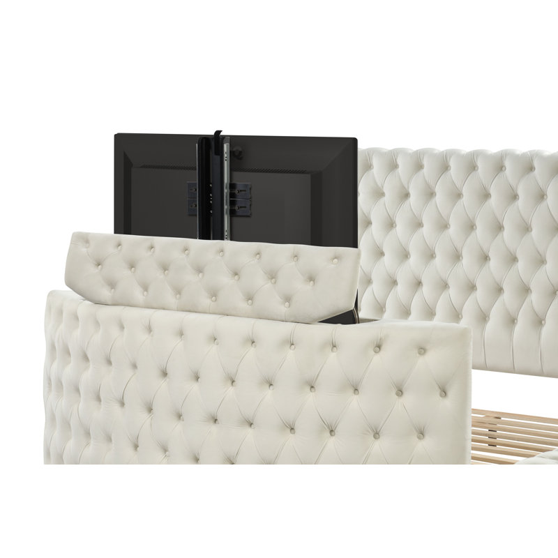 Kavinda Upholstered TV Bed Storage Bed, Cream, Queen