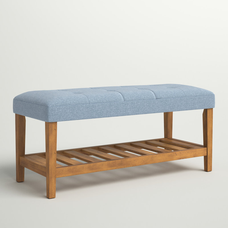 Warwickshire Wood Upholstered Storage Bench with Slatted Shelf, Light Blue, Brown