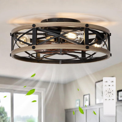 Farmhouse Flush Mount Caged Ceiling Fans With Lights, 6 Speeds, ...
