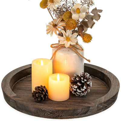 Round Wooden Candle Holder Tray For Coffee Table, Rustic Farmhouse Decorative Serving Tray And Home Decor Centerpiece