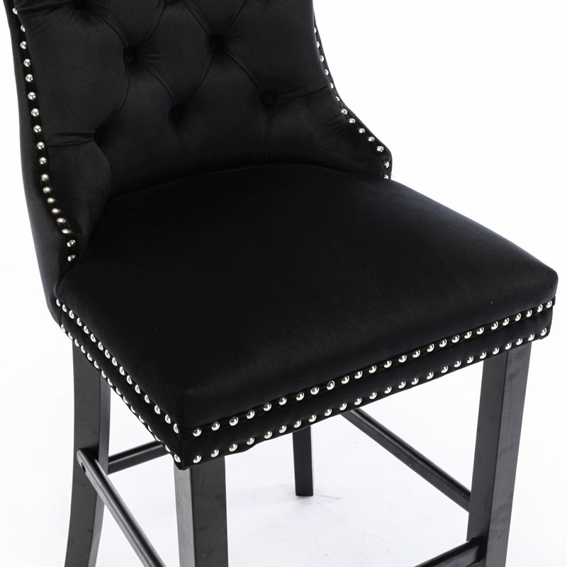 Velours de luxe avec design, fabrication en bois massif, haut, 2 boutons de tissu d'ameublement décoratifs noirs, cadre, garniture, siège confortable, 2 pièces