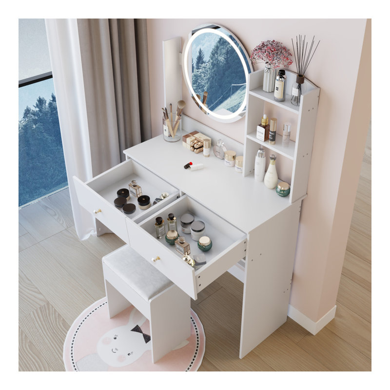 17" Round LED Mirror Vanity Table + Soft Cushion Stool Suit, Large Mirror, Touch Switch, 3 Colors, Adjustable Brightness, Large Desktop, Multi-Layer High Capacity Storage, Suitable For Small Space