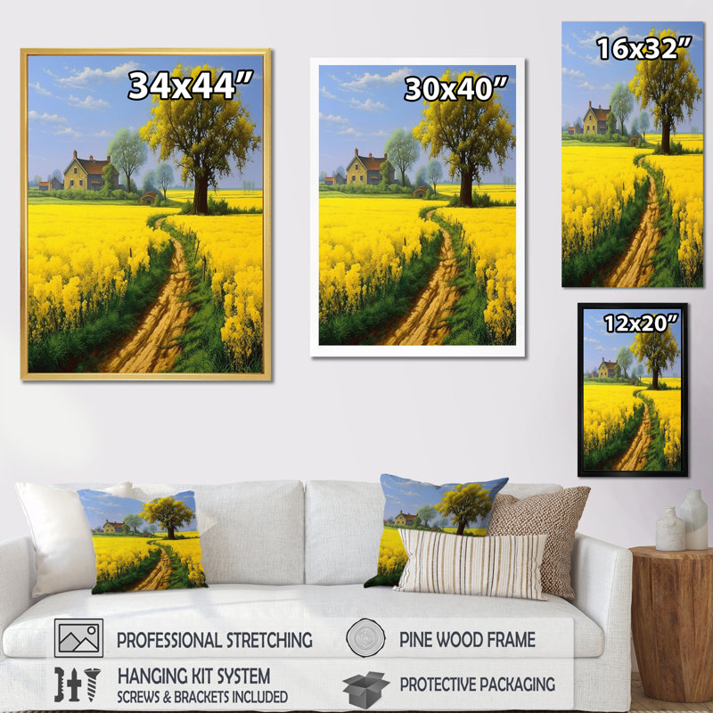 «Countryside Farm Road Yellow Spring Fields I», reproduction sur toile, H 32 po x l 24 po x P 1 po, Toile tendue