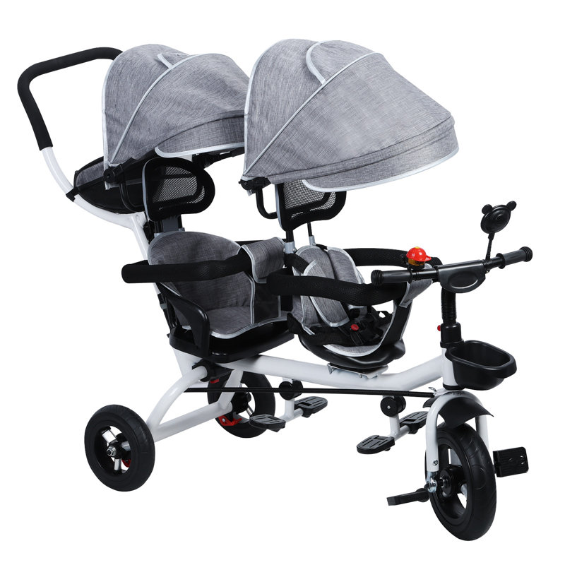 Tricycle tandem avec siège double et auvent avec roue en caoutchouc antichoc et poussette double