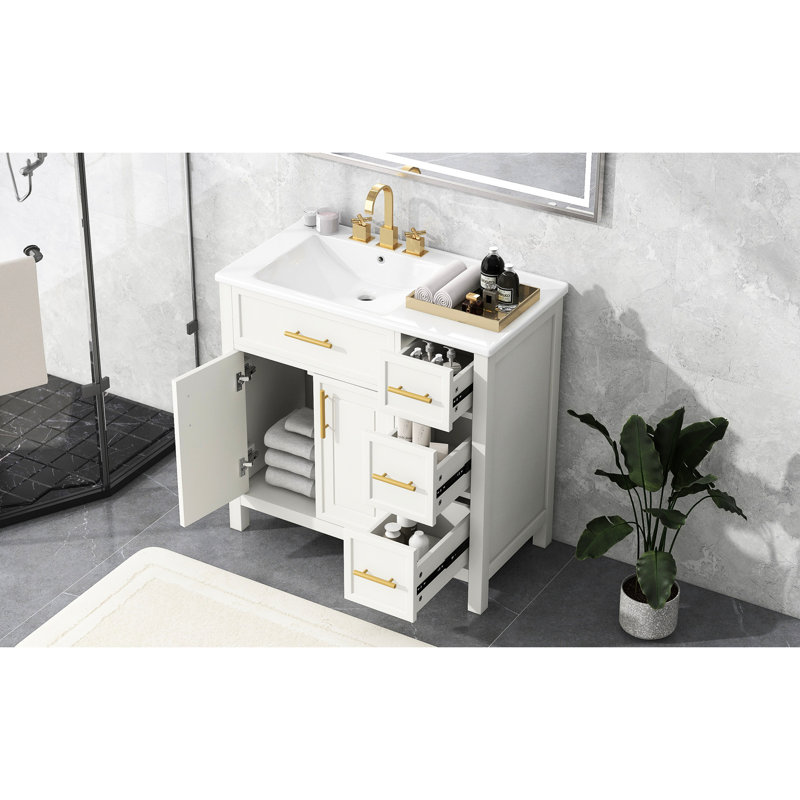 Meuble-lavabo moderne de 36 po en bois massif avec finition blanche, 2 portes et 3 tiroirs