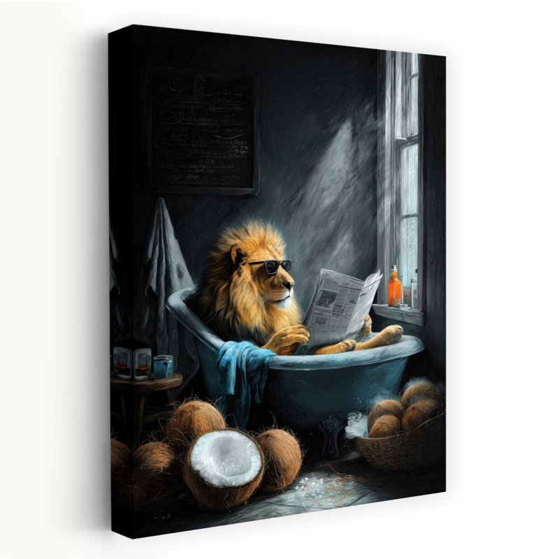 Lion In Bathtube 2 1 Piece Wrapped Canvas Wall Art, 91.44 cm H x 60.96 cm W