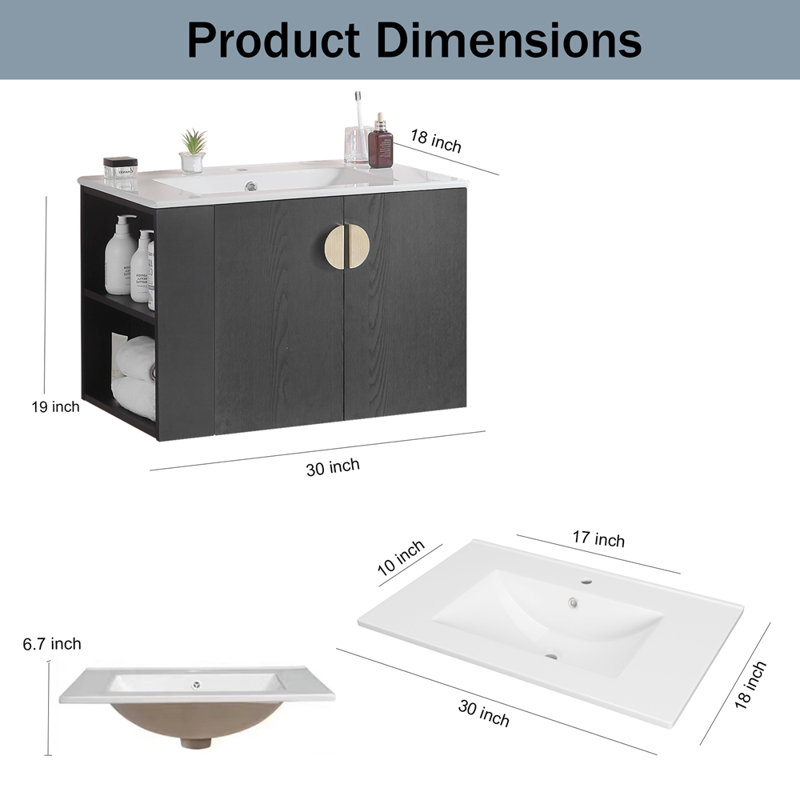 Ensemble de meuble-lavabo 30 po avec lavabo et armoire à deux portes Mahlab, Cuivre, Noir, noir, noir, noir