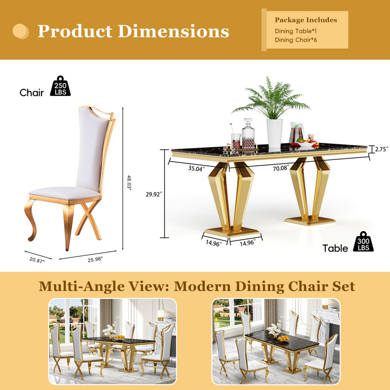 7-Piece Dining Set with Marble-Print Tabletop and Upholstered Chairs – Velvet & PU Options, Stainless Steel Legs