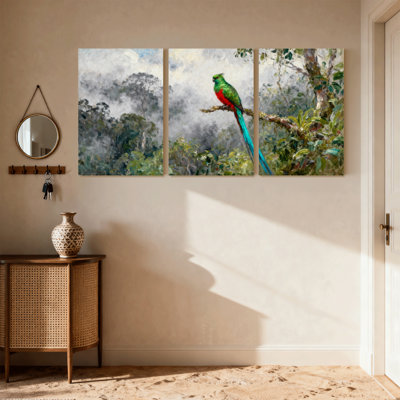 Oiseaux oiseaux colorés perchés sur une branche en forêt, ensemble de 3 impressions sur toile