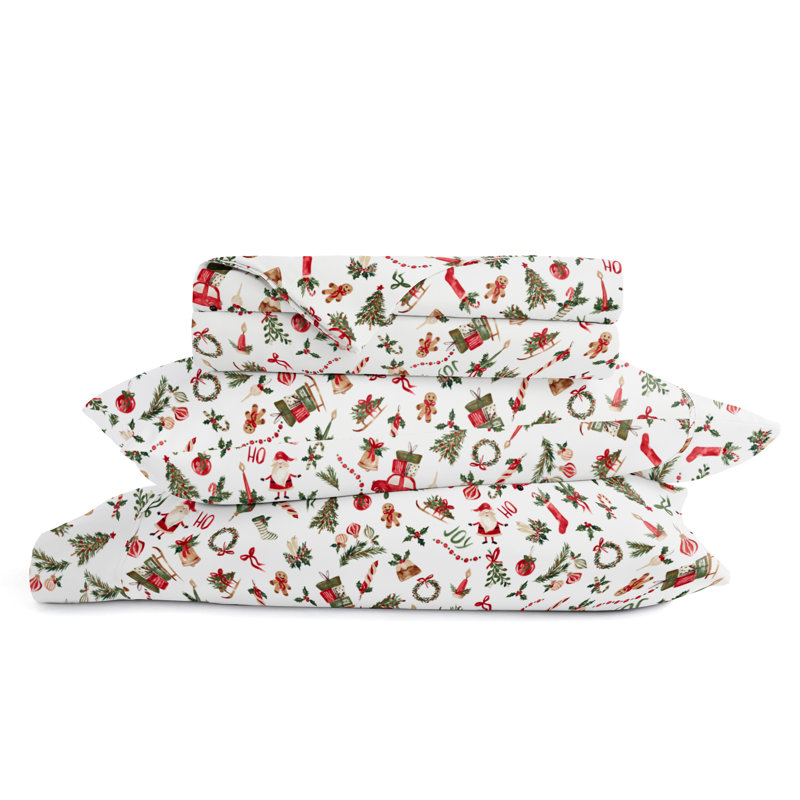 Ensemble de draps des Fêtes, motif de père Noël rétro, literie pour grand lit, Blanc à motif de père Noël rétro