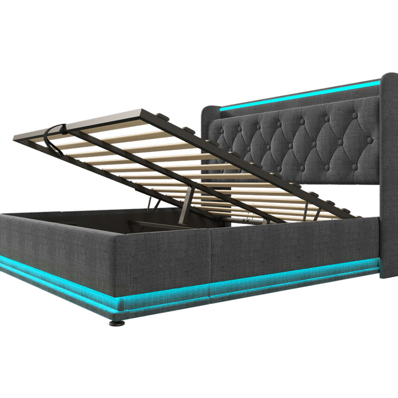 Gray Linen Full Size Upholstered Bed, 360° Surround Led, Hydraulic Storage, -c, Gray, Full