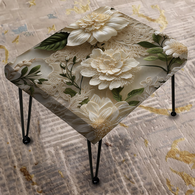 Repose-pieds rectangulaire fleur rétro blanc