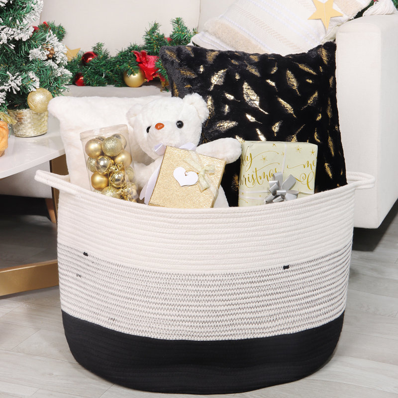 Panier en corde de coton, Blanc / noir, H 13,8 po x l 21,8 po x P 21,8 po