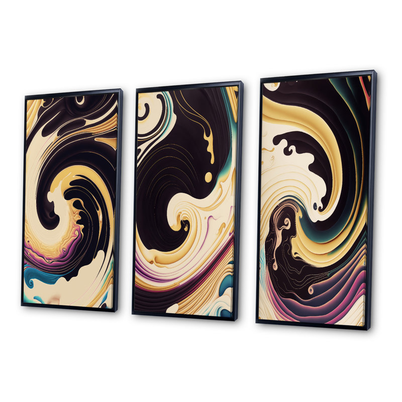 «Mauve, or et tourbillon bleu», 3 pièces sur toile, Noir, H 20 po x l 36 po