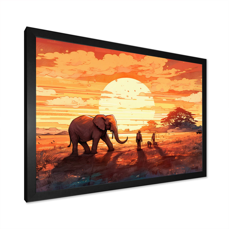 Orange orange safari avec éléphants III sur toile, H 12 po x l 20 po x P 1 po, Cadre photo noir