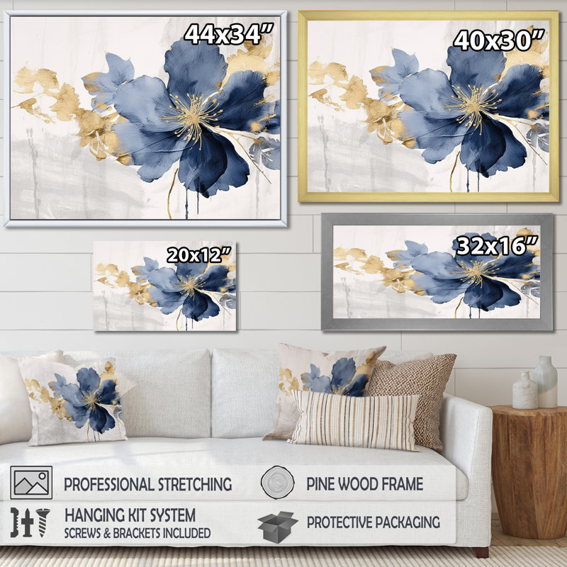 Hibiscus bleu et blanc, fleurs d'harmonie tropicale I - art mural floral, H 24 po x l 32 po x P 1 po, Encadrement argenté