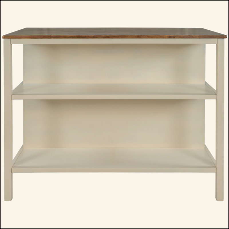 Solid Wood Rustic 45" Stationary Kitchen Island, Rubber Wood Butcher Block Dining Table Prep Table With 2 Open Shelves For Small Places,Walnut+Cream White