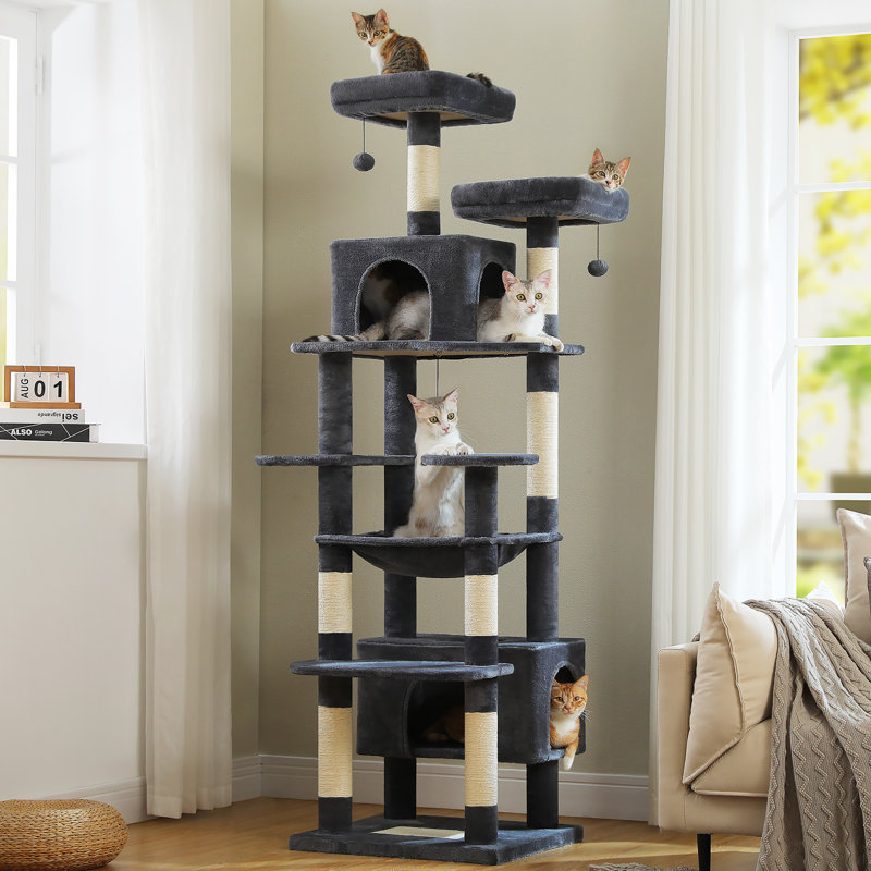 80.7"H Cat Tree Condos And Scratching Posts Included, With Platform And Basket, Dark Grey