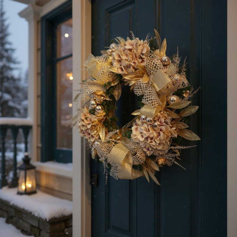 Couronne de Noël 28 po avec hortensias, ornements et boucles