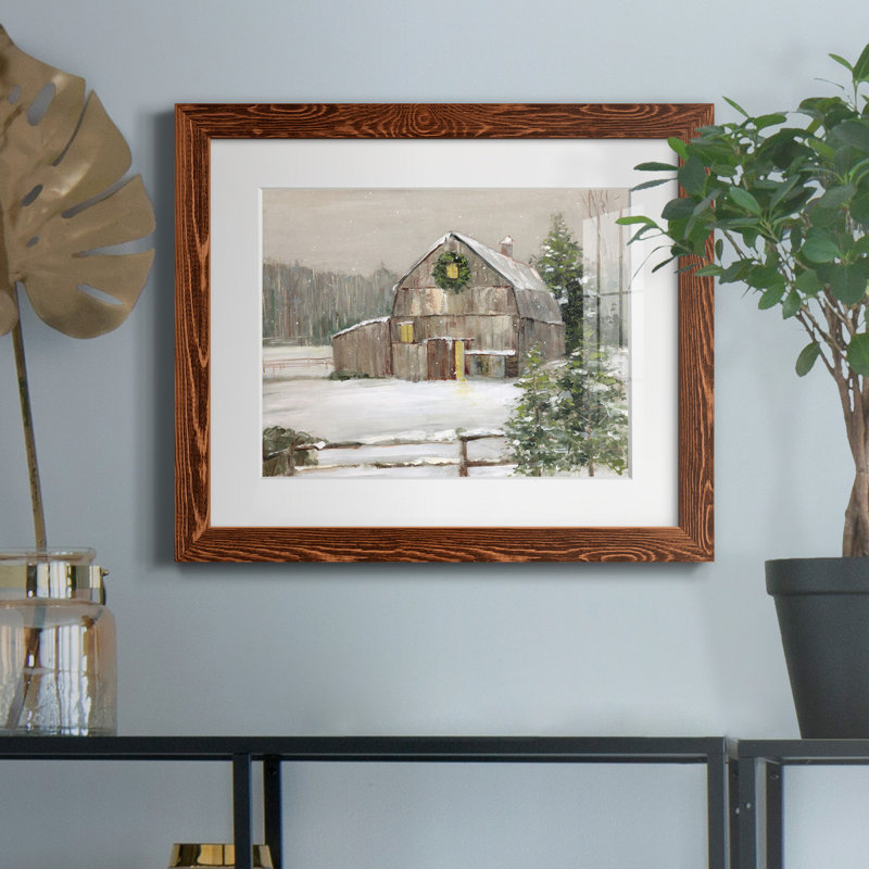Winter Barn - Reproduction d'art graphique sur papier encadré, H 24 po x l 18 po x P 1,5 po, Papier avec cadre érable