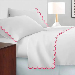 Allena 400TC Cotton Scallop Embroidery Sateen Cotton 4 Piece Sheet Set Fitted Sheet Fits Upto 16" Deep Pocket, Red