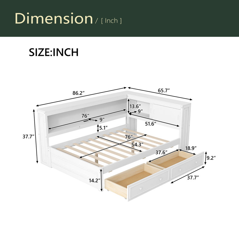 Lit de jour en bois pleine grandeur avec tablettes de rangement, USB, DEL et 2 tiroirs, Blanc