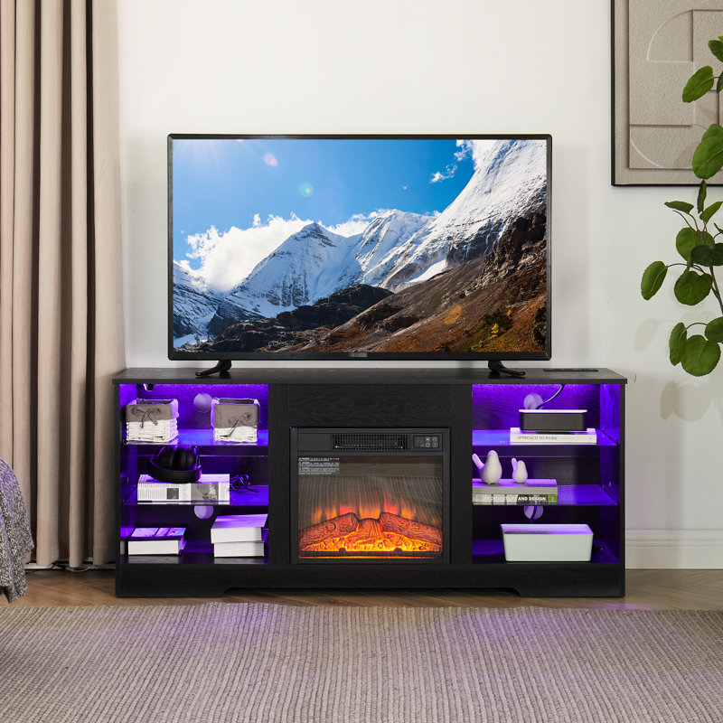 Abertamy 21 Tv Stand Electric Fireplace, Adjustable Glass Shelves, Led Lights, Port, White, Fits 32 - 62" Tvs, 58''W*15.5''D*24.4''H With Realistic Flame Appearance, Charging Socket, For