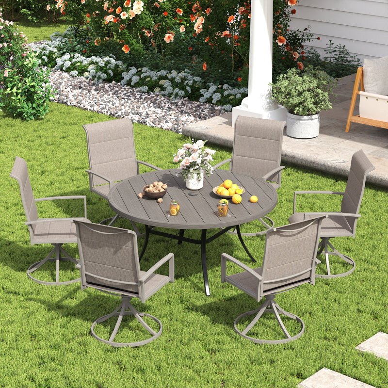 6 - Person Round Outdoor Dining Set With Swivel Chair, Sand/Black/Gray Woodlike