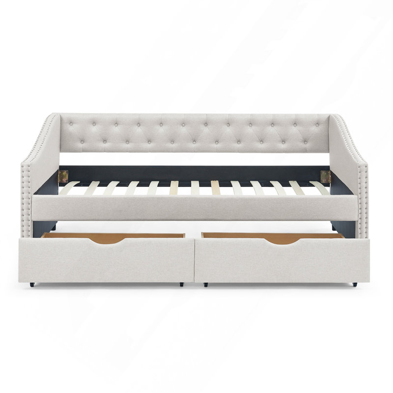 Twin Upholstered Tufted Daybed with 2 Storage Drawers and Copper Nailhead Trim, Beige, Twin