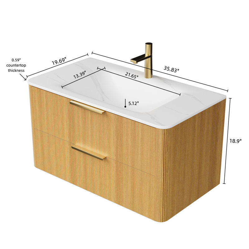 Lavabo intégré à pression chaude en pierre frittée blanche, meuble-lavabo flottant ultra-rayé en contreplaqué 36 po, grand rangement, meuble-lavabo à fermeture en douceur avec tiroirs, fonctionnement en douceur