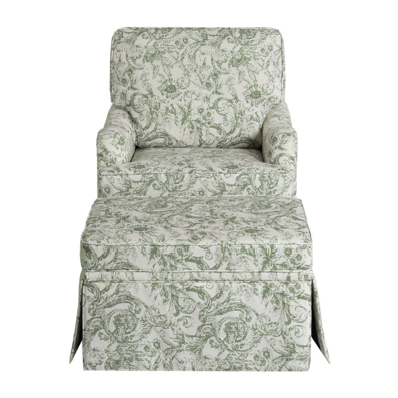 Upholstered Skirted Swivel Accent Arm Chair With Storage Ottoman, Rococo Green Chenille