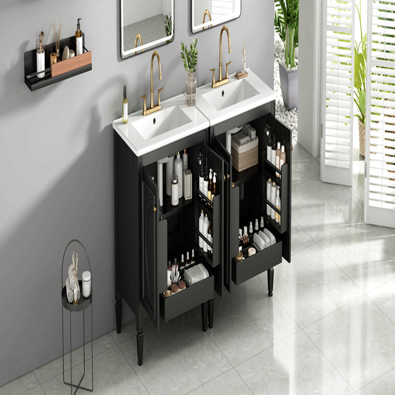 Meuble-lavabo de salle de bain de 60 po avec double lavabo, lavabo en céramique, portes à fermeture amortie avec tablette et tiroir de rangement, noir