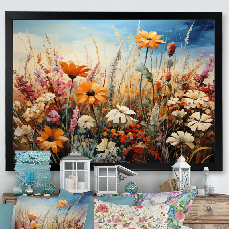 «Wildflowers Natures Bouquet Pointillism Dot II», reproduction d'art sur toile, Cadre simple noir